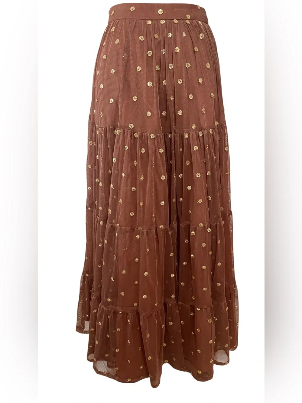 ❤️ NWOT! House of Indya Tulle Mesh Gold Foil Embroidery Tiered Boho Maxi Skirt